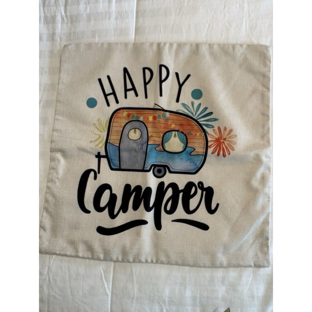 Happy Camper Pillow Cover RV Camping 18x17.5 In  Back pockets To hold cell etc
